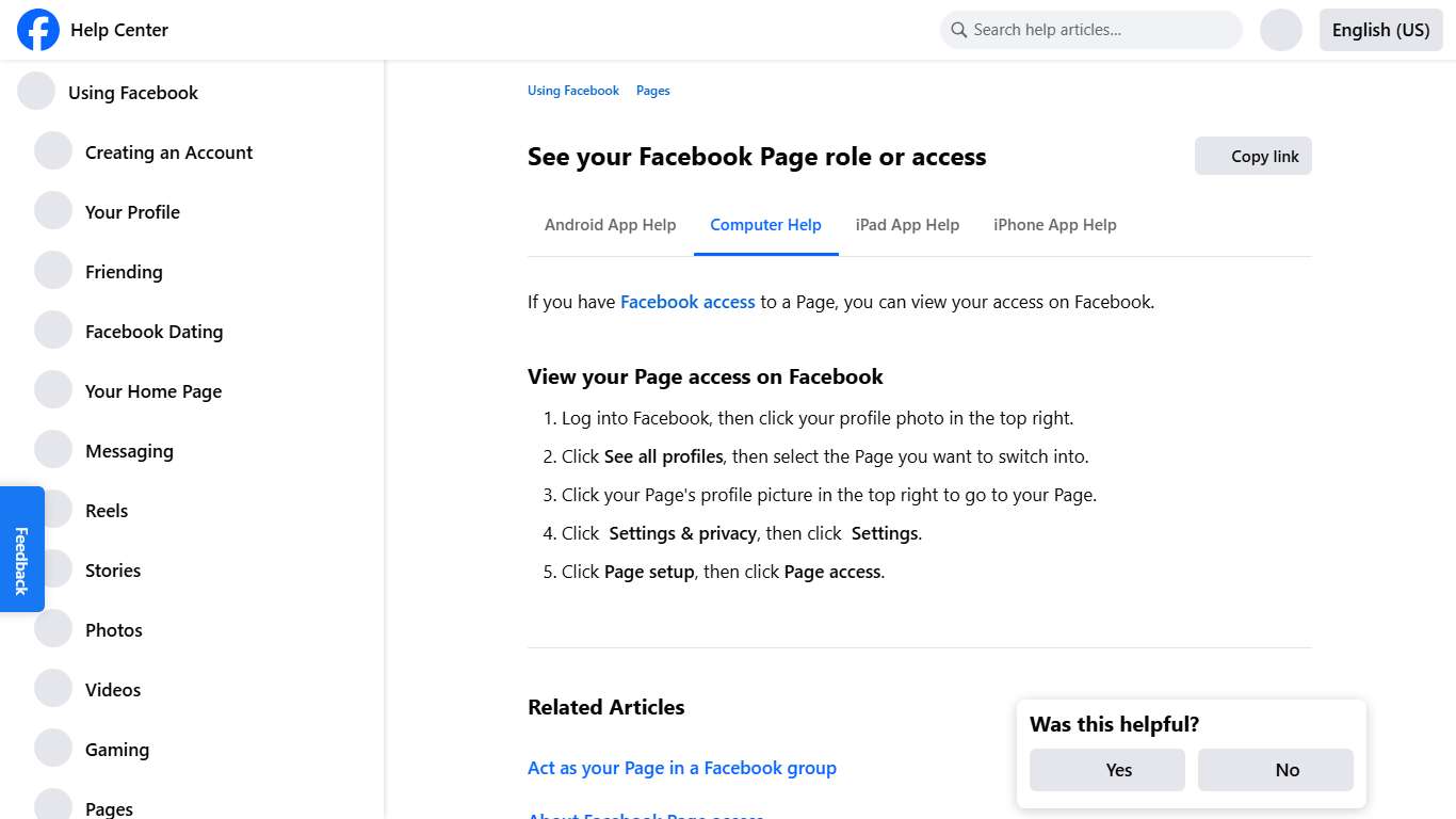 See your Facebook Page role or access Facebook Help Center